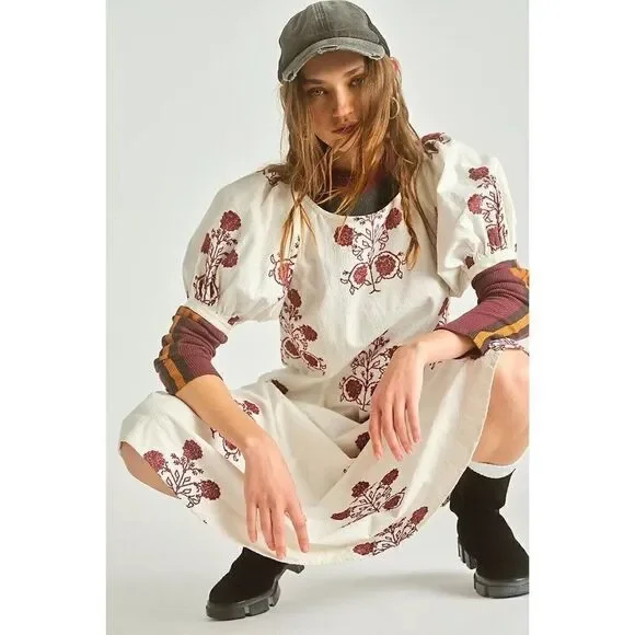 NWT FREE PEOPLE CACTUS FLOWER EMBROIDERED MIDI MAXI DRESS Women